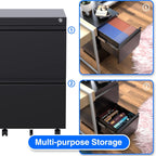 METAN 2 Drawer Vertical File Cabinet with Lock, Mobile Metal Filing Cabinet for Legal/Letter Size, Office Storage File Cabinet Under Desk, Fully Assembled Except Wheels, Black