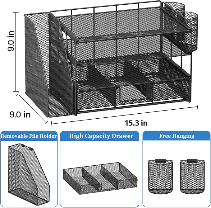 Desk Organizer and Accessories, 4-Tier Desktop File Organizer with Drawer and 2 Pen Holders, Office Desk Accessories for Office Supplies(Black)
