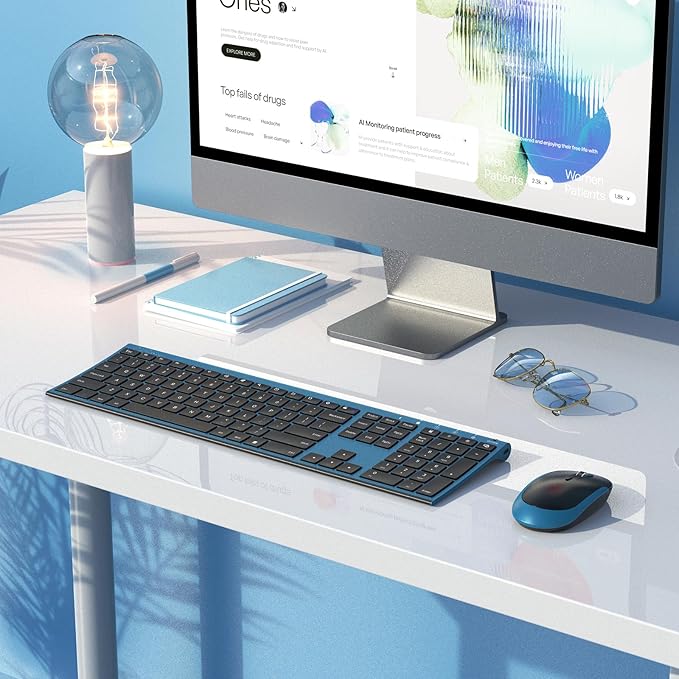 Wireless Keyboard and Mouse, Vssoplor 2.4GHz Rechargeable Quiet Full-Size Keyboard and Mouse Combo with Nano USB Receiver for Windows, Laptop, PC, Notebook-Black and Blue