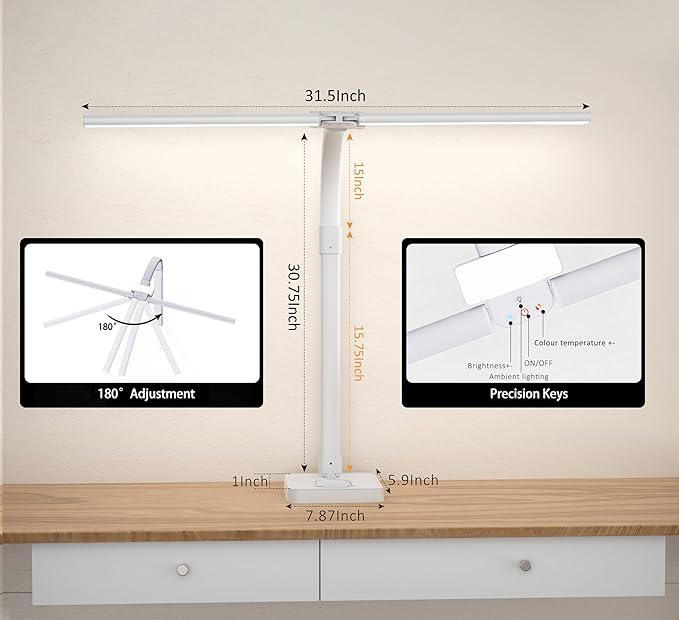 Double Head LED Desk Lamp, Architect Desk Lamps for Home Office, 24W Brightest Workbench Office Lighting-5 Color Modes and 5 Dimmable Eye Protection Modern Desk Lamp (White-Desktop, Big)