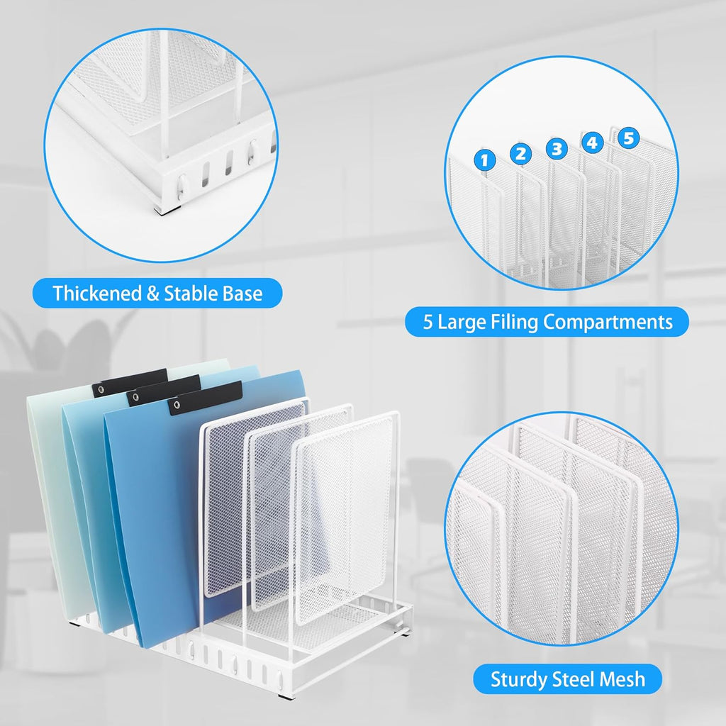 EASEPRES 5 Section Vertical Metal Mesh Desk File Organizer, Spacing Adjustable Upright Desktop Paper Mail Document Magazine Sorter Folder Holder for Workspace Office School Home, White