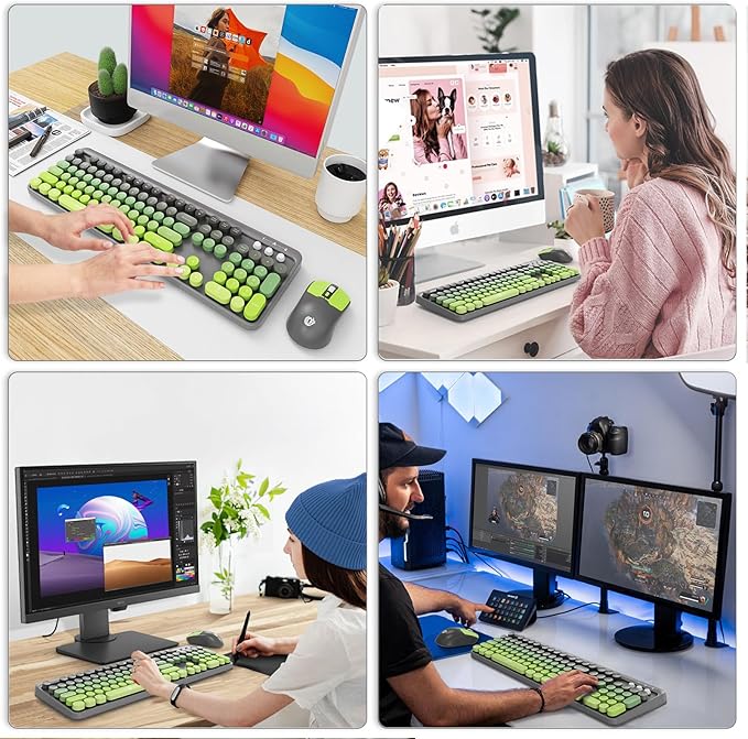 Wireless Keyboard and Mouse Combo, 104 Round Keys Cute Colorful Keyboard and Mouse with Retro Typewriter for PC/Mac/Laptop/Tablet/Computer/Windows Gray Green