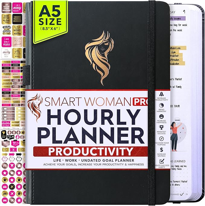 Hourly Planner - Undated Daily, Weekly & Monthly Planner with Budget Section | A 12 Month Journey to Increase Productivity & Happiness | Life Organizer & Gratitude Journal - Vertical Format
