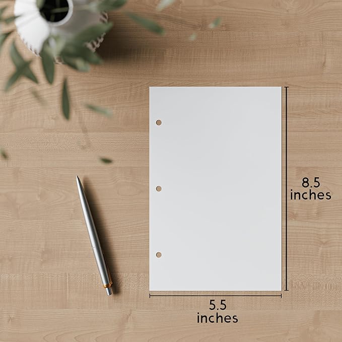Half Letter 3-Hole Punched Blank Paper, 200 Sheets, 120 GSM, Loose Leaf, 5.5 x 8.5 inch, for Printing Custom Templates and DIY Planning