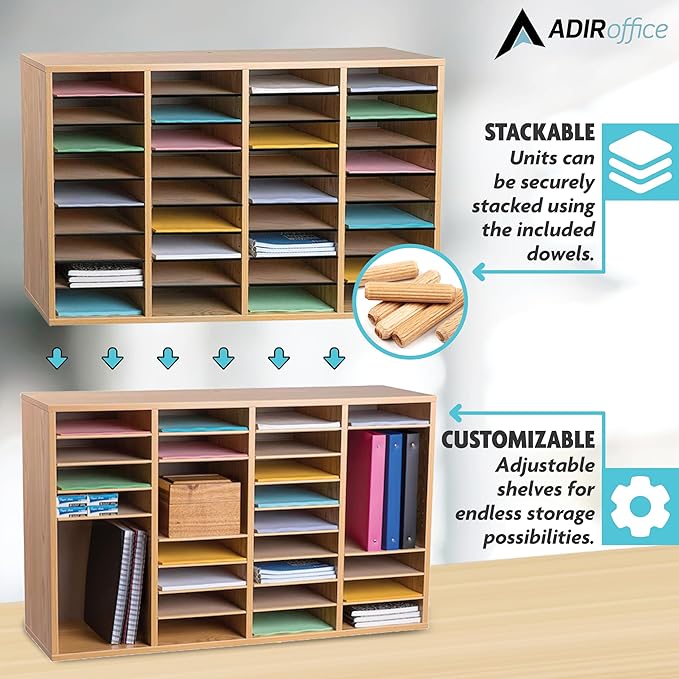 AdirOffice Wooden Adjustable Literature Organizer, 36 Compartment Office Mailbox, or Classroom Literature Organizer, Medium Oak