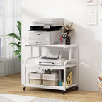 Printer Stand, 32.3" x 18.9" x 32.1" Extra Large Printer Table with Adjustable Storage Shelf, 3 Tier Rolling Printer Cart with Industrial Wheels for Home Office, White