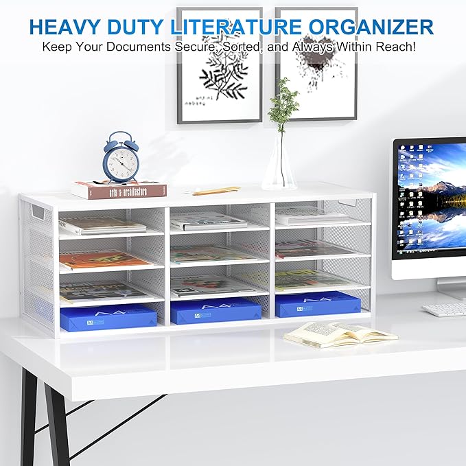 Mail Sorter Adjustable Countertop Mail Holder, Heavy Duty Literature Organizer, Student Mailbox for Classroom, Desktop Bill Paper Organizer for Office Home School, 12 Compartments, White