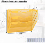 EASEPRES 3 Pocket Mesh Hanging Wall File Organizer, Wall Mounted Mail Paper Document Folder Holder, Clipboard Storage Organization Magazine Rack with Nametag Label for Office Home School, Yellow
