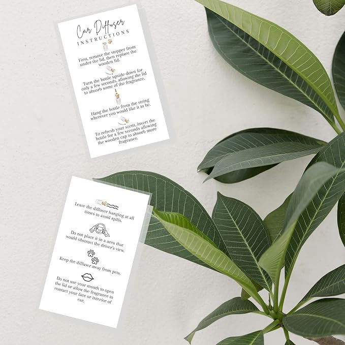 Car Diffuser Instruction Cards | Physical Printed 2" x 3.5" inches Business Card Size | Car Diffuser Supplies | White with Black Design