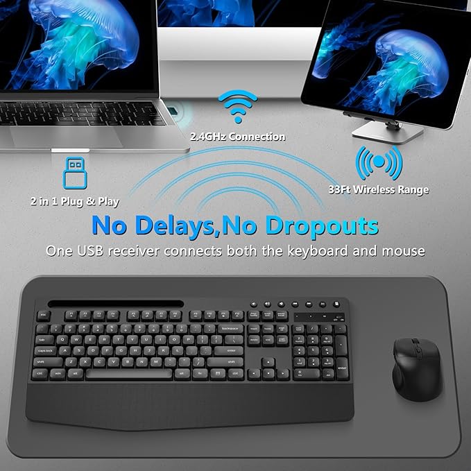 Wireless Keyboard and Mouse Combo, Full-Sized Ergonomic Keyboard with Wrist Rest, Phone Holder, Sleep Mode, Silent 2.4GHz Cordless Keyboard Mouse Combo for Computer, Laptop, PC, Mac, Windows
