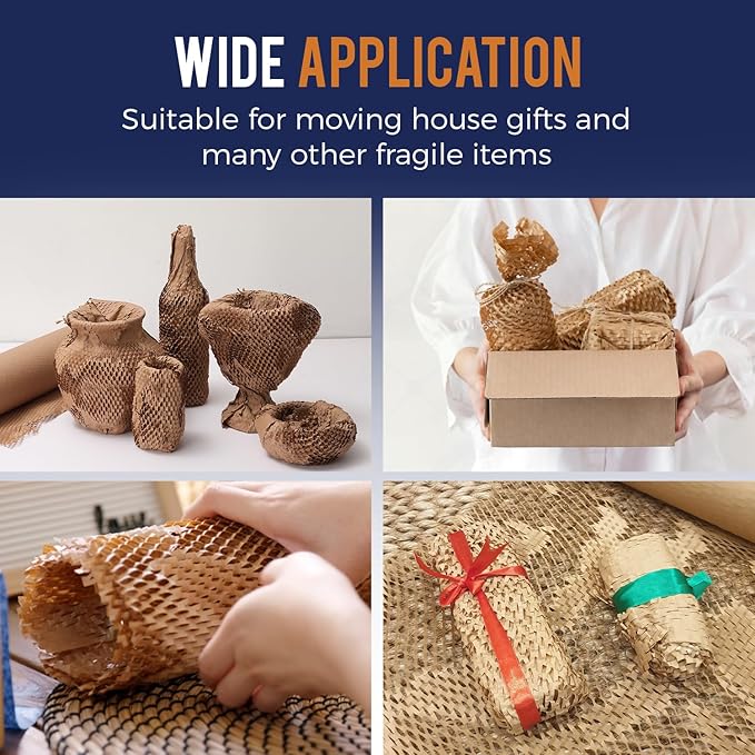 Honeycomb Packing Paper 12" x 150ft with Rope & 20 Fragile Stickers|Shipping & Moving Supplies|Small Business Packaging Supplies|Eco Friendly Bubble Wrap Packing Boxes for Moving Certified FSC C204227