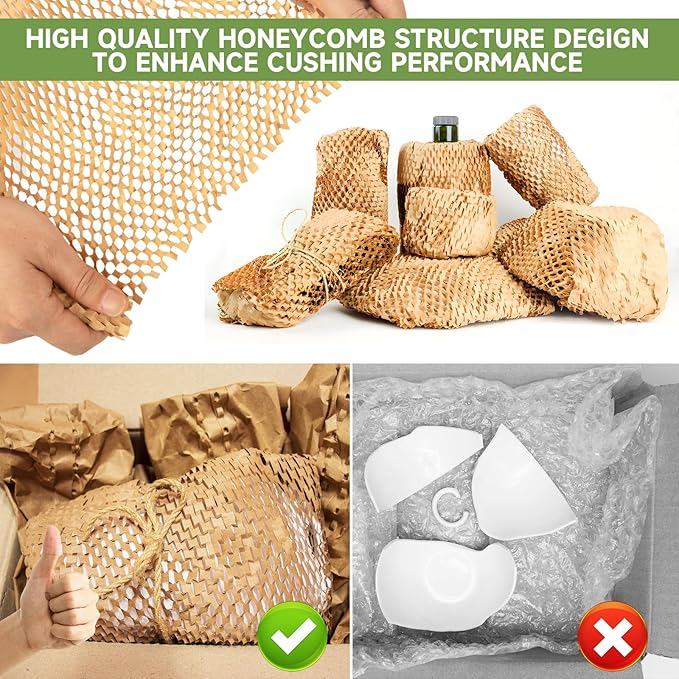 Honeycomb Packing Paper Wrap 15''x12000" (1000 ft), Substitute Alternative for Bubble Cushioning Wrap for Moving Shipping Packaging, Recyclable Moving Supplies with 48 Fragile Sticker Labels
