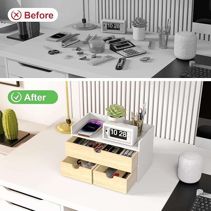 Wisuce Desk Organizer with Drawers - Bamboo Desktop Organizer Storage | White-Natural Wood Desk Drawers Organizer for Bills, Office Supplies, Cosmetics, Seals No Assembly Required