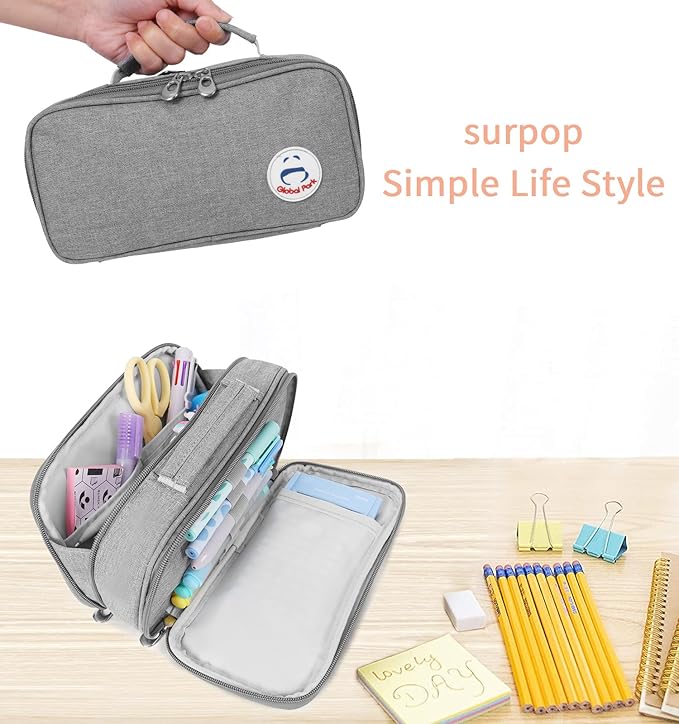 Pencil Case Pen Bag Holder Pouch Large Handle Big Capacity Desk Organizer Storage Marker Box Stationary Makeup Cosmetic Double Zippers for School Office Students Teen