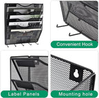EASEPRES 5 Pocket Mesh Hanging File Organizer with Key Holder Hooks & Nametag Label, Wall Mounted Mail Paper Document Folder Storage Organization Magazine Rack for Office Cubicle, 5 Tier Black
