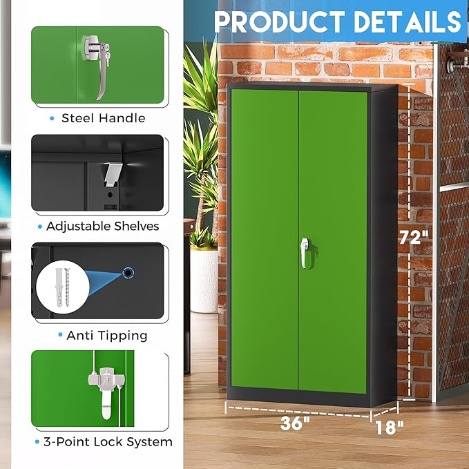Greenvelly Metal Storage Cabinet,72" Steel Storage Cabinets with Doors and Adjustable Shelves, Metal Tool Cabinets, Locking File Cabinet for Home Office, Garage, School (Black Green36 Wx18 D)