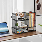 Marbrasse 2-Tier Desk Shelf Organizer with Handle, Desktop Bookshelf File Holder, Mesh Display Shelf Organizer Storage Rack for Office, Home, Supplies, Kitchen (Black)