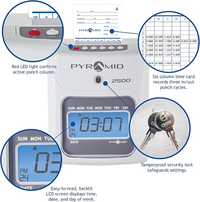 Pyramid Time Systems - Model 2500 Auto Aligning and Top Loading Time Clock [2500K1] Bundle Includes: Time Clock, 100 Time Cards, 2 Ink Ribbon cartridges, one 10 slot time card rack and 2 Security Keys