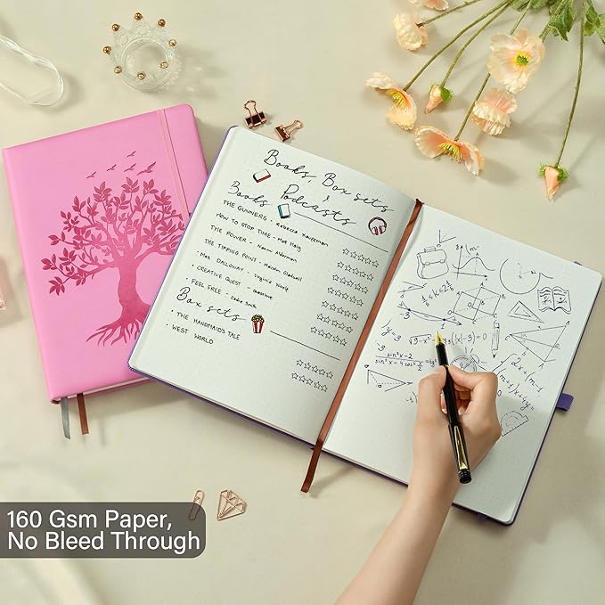 ZXHQ Elegant B5 Dot Grid Journal - 150 GSM Thick Paper 256 Pages Bullet Dotted Journal, Chic Tree of Life Design, Durable Hardcover, Inner Pocket - Pink, 7.7" x 10"