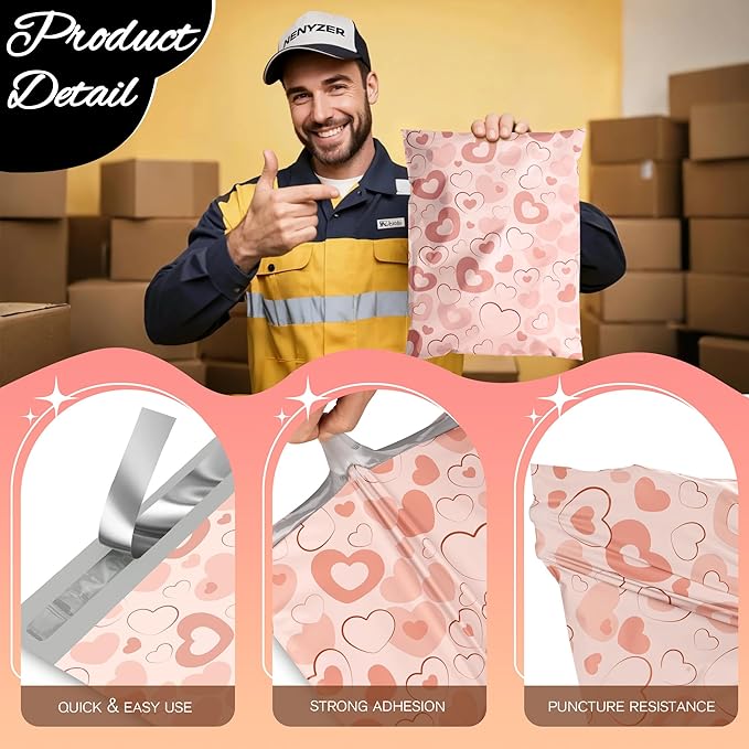 Pink Heart Poly Mailer 6x9 Inch 100 Pcs, Waterproof Shipping Bags for Clothing, Tear-Resistant Mailier Bags, Strong Mailing Bags with Self-Seal