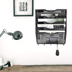 EASEPRES 5 Pocket Mesh Hanging File Organizer with Key Holder Hooks & Nametag Label, Wall Mounted Mail Paper Document Folder Storage Organization Magazine Rack for Office Cubicle, 5 Tier Black