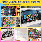 Jumbo Chalk Window Markers for Cars Glass Washable: 8 Colors Liquid Chalk Markers Pen with 10mm Wide Tip, Chalkboard Marker, Window Paint Marker for Car Window, Blackboard, Auto Windshield Decorations