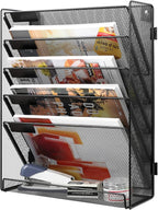 EasyPAG 6 Tier Wall File Holder with Flat Tray, Black | Easy Assemble Mesh Desk File Organizer | 5-Folder Paper Storage | Replaceable Classify Labels | Space Saving Mail Organizer for Office Home