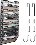 Wall File Organizer, 10 Tire Hanging File Folder Mail Organizer, Vertical Mesh Metal Door/Wall Mount Hanging File Holder, Paper Document Magazine Rack with Hooks for Home Office Black