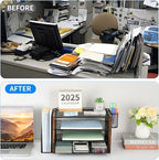 Desk Organizer and Accessories, 4-Tier Desktop File Organizer with Drawer and 2 Pen Holders, Office Desk Accessories for Office Supplies(Wood)