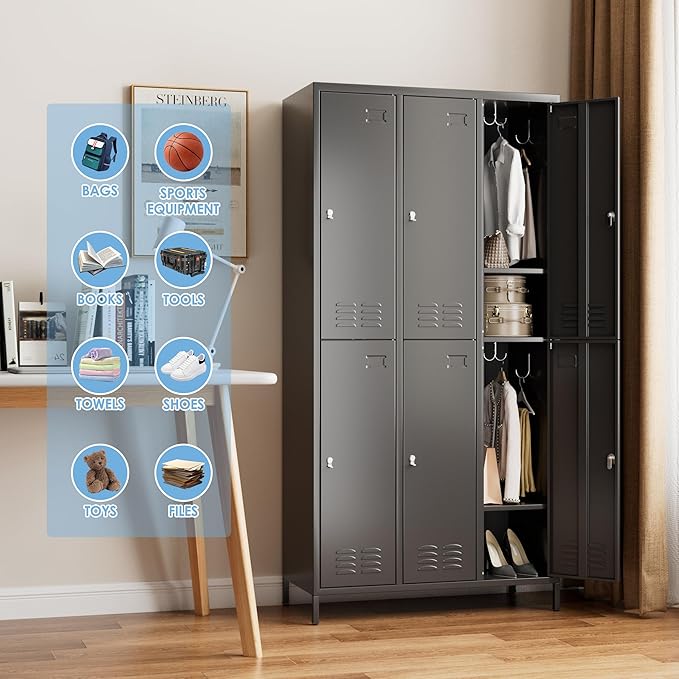 6 Doors Metal Locker for Employees with 18 Hooks and Business Card Holder,Metal Locker with Ventilation Holes for School Garage Office Gym Home,Assembly Required,Black