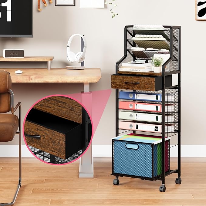 SWTYMIKI 10-Tier Rolling File Cart - Mesh Paper Organizer with Drawer and Hanging File Folders on Lockable Wheels, Wood Teacher Cart for Office Organization, Storage in Home, Studio, School, Espresso