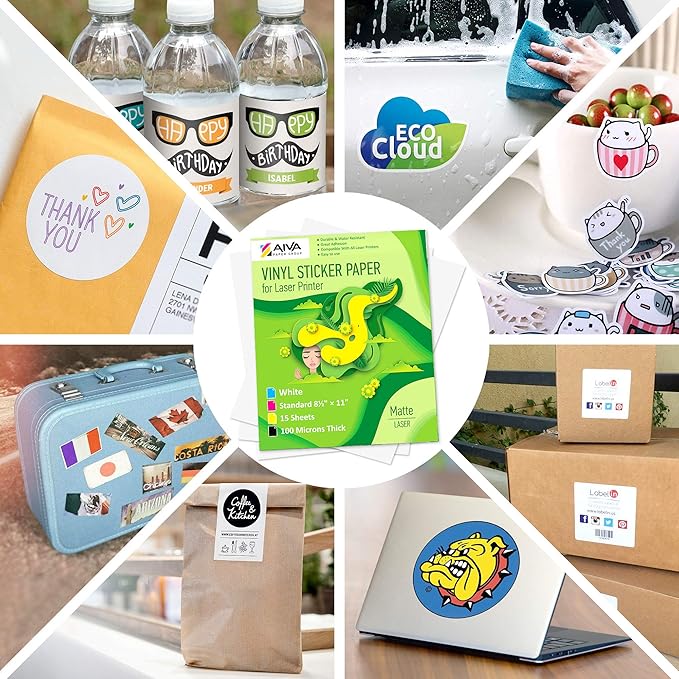 Printable Vinyl Sticker Paper for Laser Printer - Matte White - 200 Self-Adhesive Sheets - Waterproof Decal Paper - Standard Letter Size 8.5"x11"