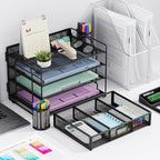 Marbrasse Desk Organizer and Accessories4-Tier Paper File Letter Tray Accessories & Workspace Desk Organizers with Drawer and 2 Pen Holders for School Home Office Supplies (Black)