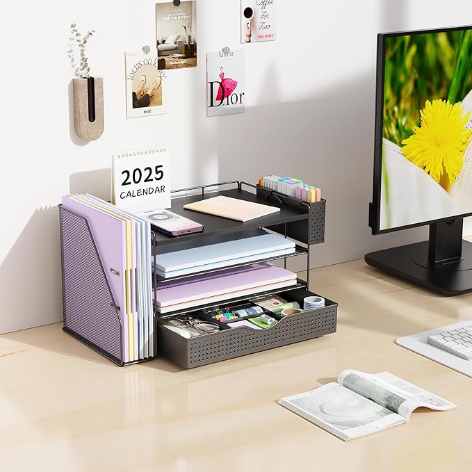 Wood Desk Organizers and Accessories with File Holder, 4-Tier Desk Accessories & Workspace Organizers with Drawer and Pen Holder, Paper Organizer for Office Supplies (Black)