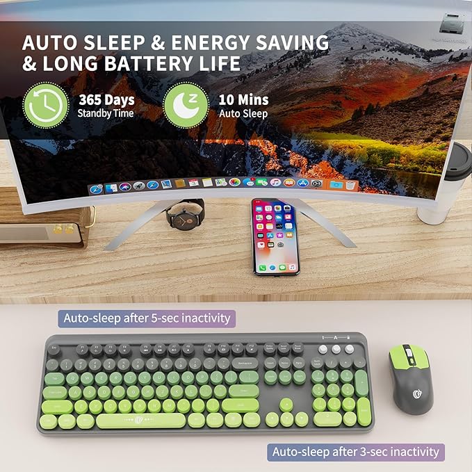 Wireless Keyboard and Mouse Combo, 2.4 GHz Wireless Full-Sized Typewriter Keyboard with Round Keycaps for Windows, Computer, Desktop, PC, Laptop (GreyGreen)