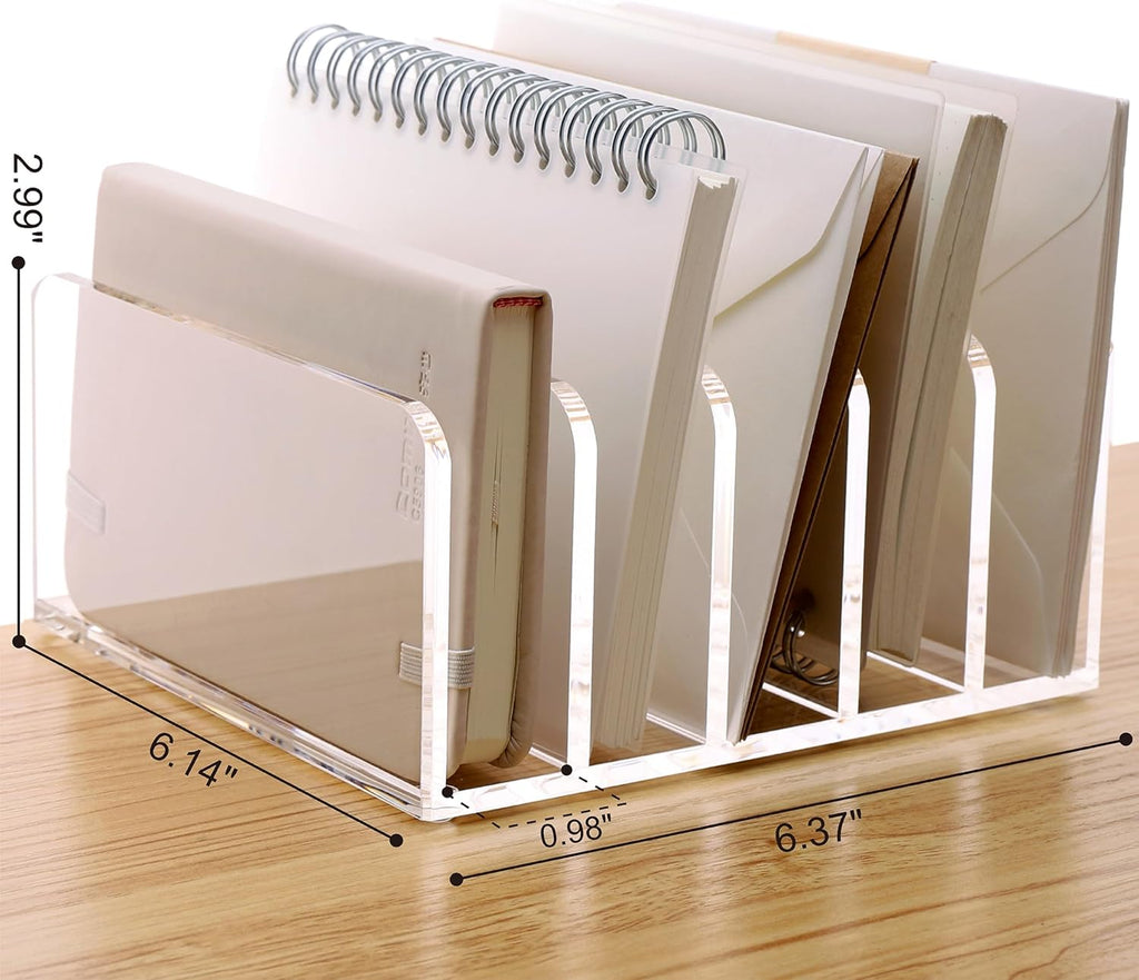 SANRUI Acrylic Desk File Organizer Holder, 5 Upright Clear Desktop Mails Sorter Document Magazine Storage Organization Letter Folder Racks for Home, Office & Classroom