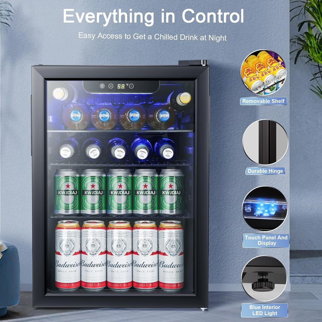 Antarctic Star Beverage Refrigerator Cooler-85 Can Mini Fridge Glass Door for Soda Beer Wine Stainless Steel Glass Door Small Drink Dispenser Digital Display for Home, Office Bar,2.6cu.ft