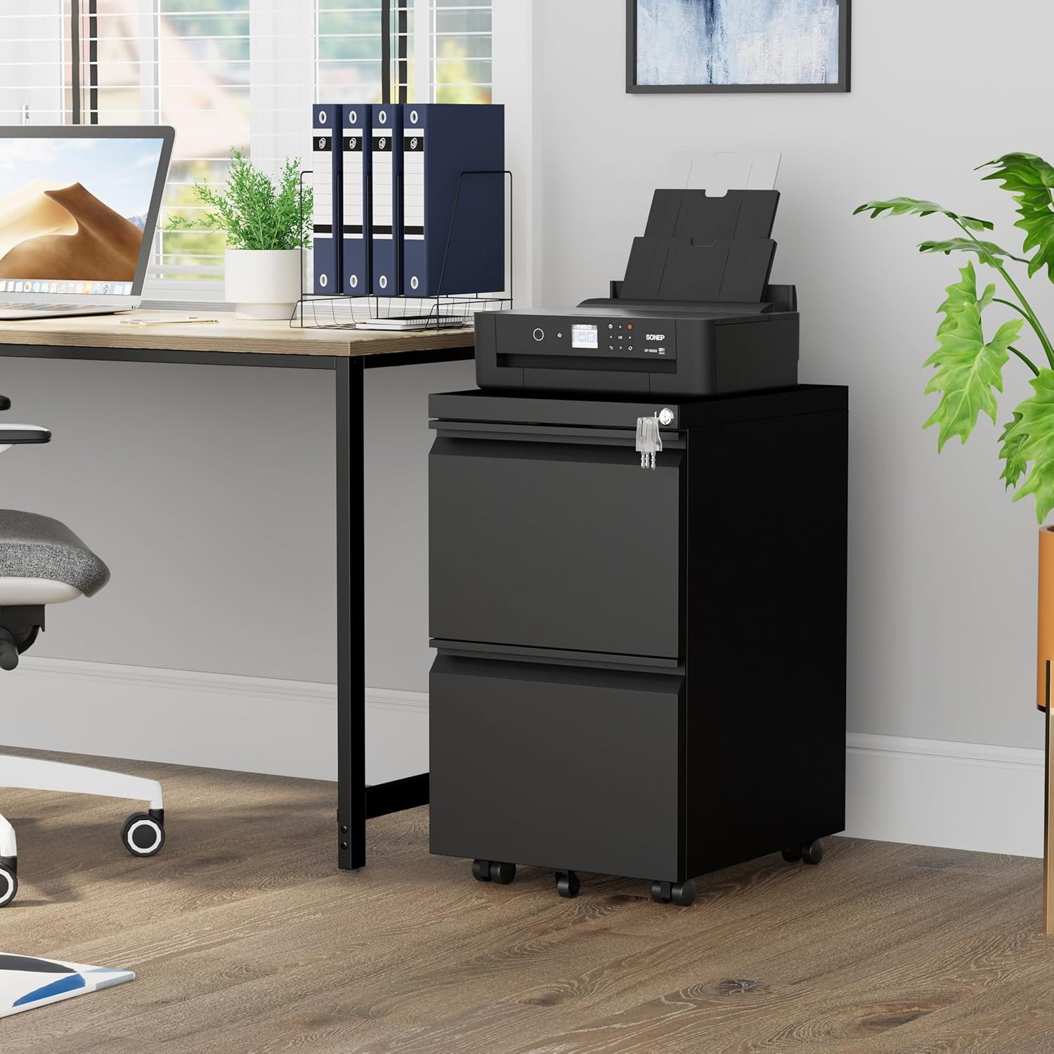 Metal Mobile File Cabinet with Lock and 4 Keys - Fully Assembled, Under Office Desk 2 Drawers Filing Cabinet for Home Office with Anti-tilt Wheels, A4/Legal/Letter Hanging File Drawers