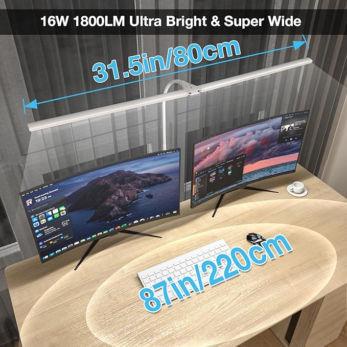 LED Desk Lamp, 31.5'' Wide Double Head Desk Lamps for Home Office, Dimmable 25 Lighting Modes 16W 1800lm Bright Desk Lighting, Eye Caring Architect Table Lamp for Workbench Monitor Study, White