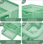 Marbrasse Mesh Desk Organizer, Pen Organizer with 2 Drawer, Multi-Functional Pencil Holder, Desk Organizers and Accessories with 5 Compartments + Drawer for Office Art Supplies (Green)