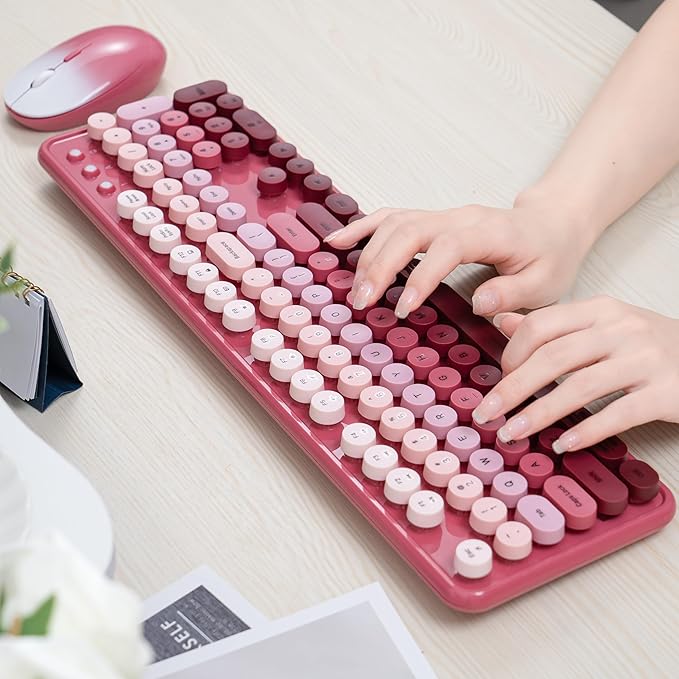 Colorful Wireless Keyboard and Mouse Combo, COVEVA 2.4GHz Wireless Retro Cute Round Keycaps Keyboard, 104 Keys Full-Sized Keyboard Mouse Set with Switch Button for PC Laptop Desktop (Pink Gradient)