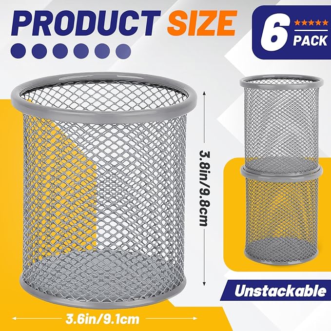 Segarty Pen Holder for Desk, 6 Pack Round Silver Pen Holder, Wire Mesh Pencil Cup Containers Set, Desktop Organizer for Office Supplies, School Classroom, Home, Makeup Brush