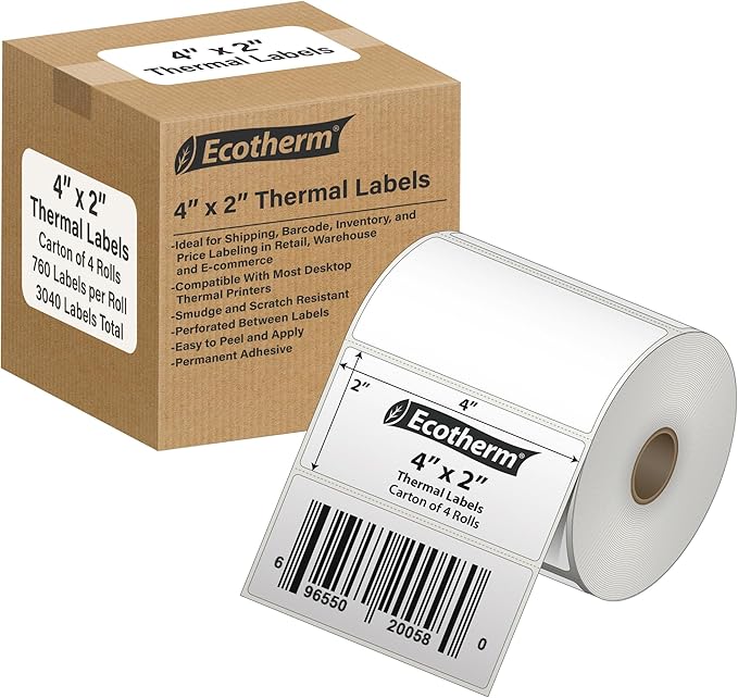 4" x 2" Thermal Labels | 4 Rolls | 3040 Labels | fits Zebra, Munbyn, Rollo, Godex, Arkscan, iDPRT, Offnova Thermal Label Printers and More | Blank White Adhesive Stickers by Ecotherm
