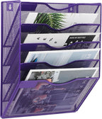 EASEPRES 5 Pocket Mesh Hanging Wall File Organizer, Wall Mounted Mail Paper Document Folder Holder, Clipboard Storage Organization Magazine Rack with Nametag Label for Office Home School, Purple