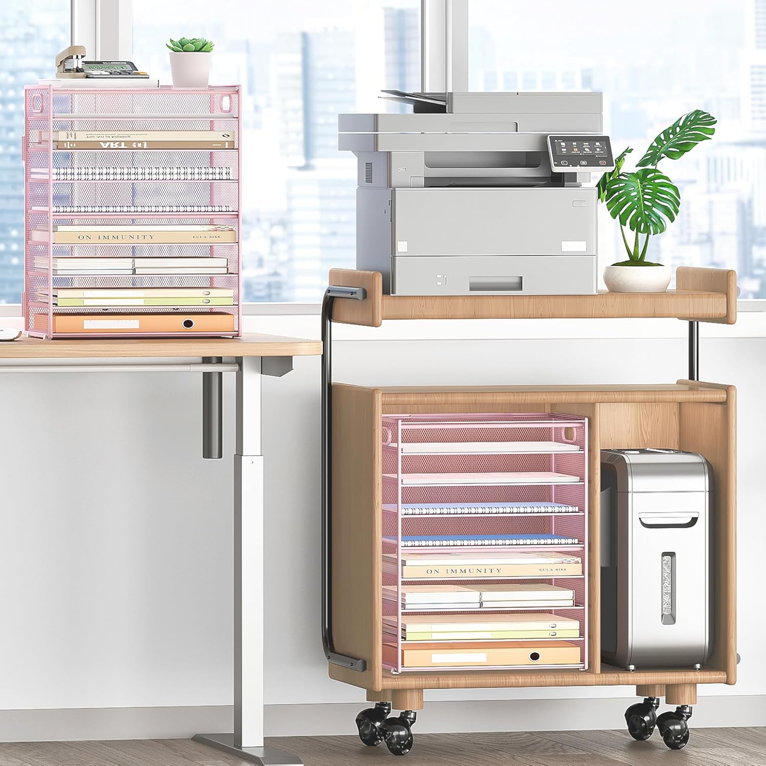 Subekyu 9 Tier Paper Letter File Tray Organizer for Desk, Pink Large Mesh Desk Folder Sorter Organizer with Handle, Include 6 Pcs Adjustable Height Slid Tray for Office Home School Supplies Storage