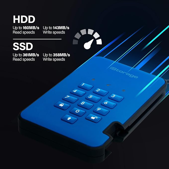 iStorage diskAshur2 HDD 3TB Blue | Secure portable hard drive | Password protected | Dust & water resistant | Hardware Encryption
