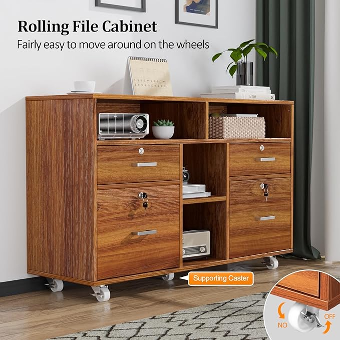 VINGLI Wide 4 Drawer Lockable Rolling File Cabinet with Open Shelves - Walnut Wood Lateral File Cabinet Printer Stand for Home Office, Letter Sized