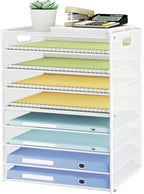 SUBEKYU 9 Tier Paper Letter Tray Desk Organizer with Handles - White Metal Mesh File Holder Paper Sorter Desk Organizer for Office Home School, Include 6 Pcs Adjustable Slid Tray, 6 Colors Available