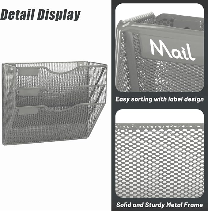 EASEPRES 3 Pocket Mesh Hanging Wall File Organizer, Wall Mounted Mail Paper Document Folder Holder, Clipboard Storage Organization Magazine Rack with Nametag Label for Office Home School, Gray