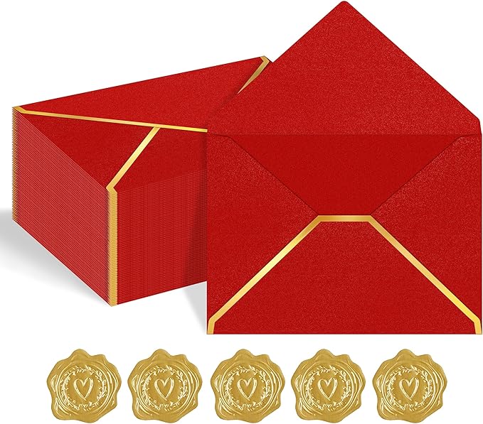 60 Pack Gold Envelopes 5x7 Bluk Red, 250G Pearled Cardstock A7 Envelopes for Invitations Business Mailing Envelope with Gold Foil Border, A6 4x6 Envelopes for Wedding Baby Shower Cards